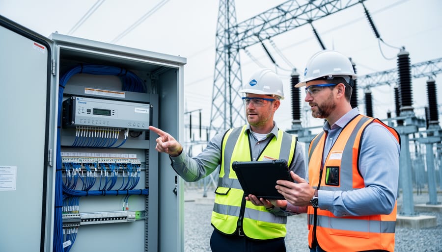 Engineers and a project manager review cybersecurity infrastructure by a control cabinet and cable connections at an electrical substation with power equipment in the background.