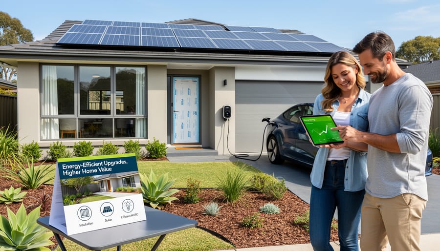 Solar panels and energy-efficient window installation on a residential home façade.