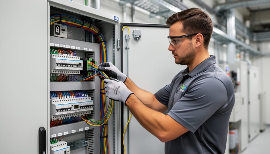 Construction worker installing conduit and cabling near industrial control cabinets on an energy project site.