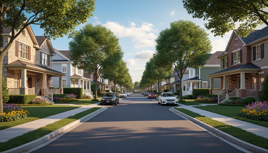 Wide view of a residential street with homes and front gardens under an overcast sky.