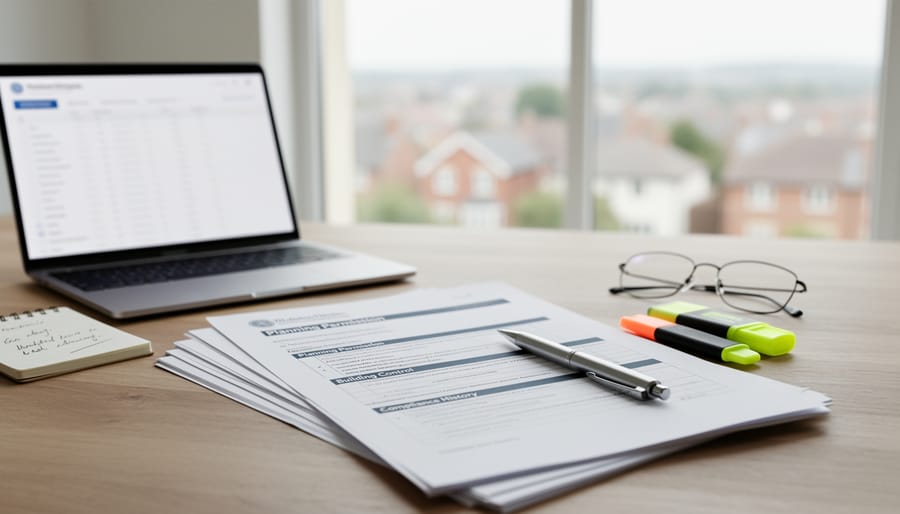 Hardhat and measuring tools beside compliance paperwork on a workbench.