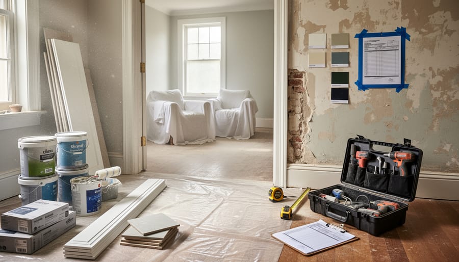 Partially refurbished room with protective floor covering and stacked renovation materials.
