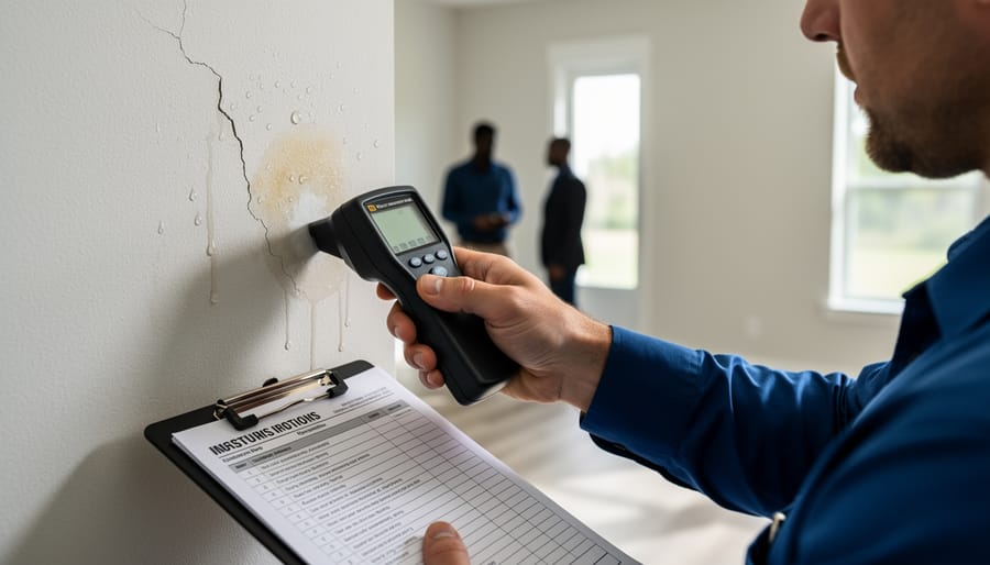 Close-up of a damp basement wall showing cracks and moisture staining.
