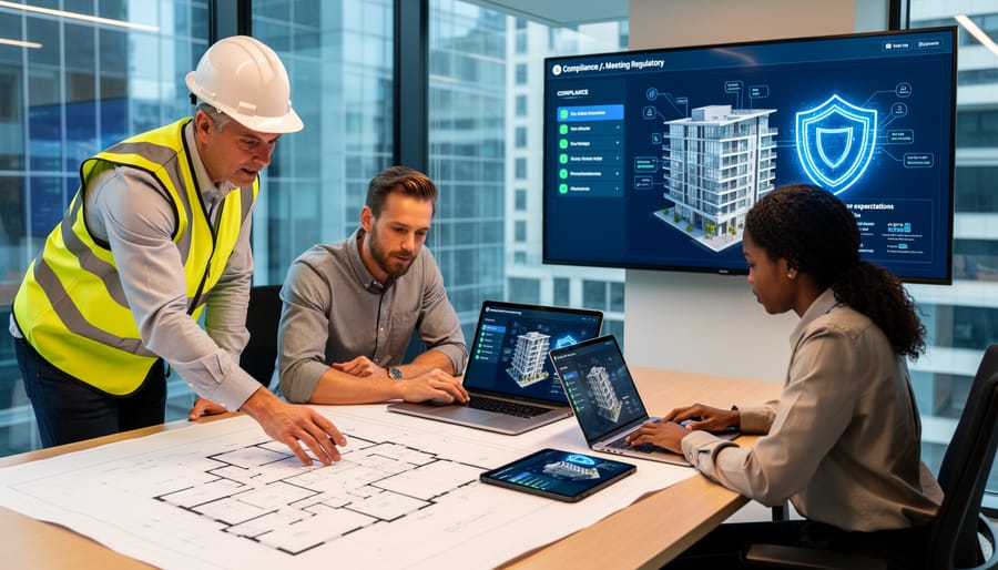 Construction team and a cybersecurity consultant reviewing installed equipment at an energy facility during golden hour.