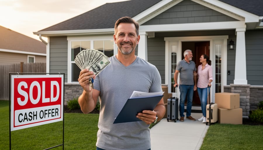 Professional holding a clipboard beside moving boxes at an open front door.