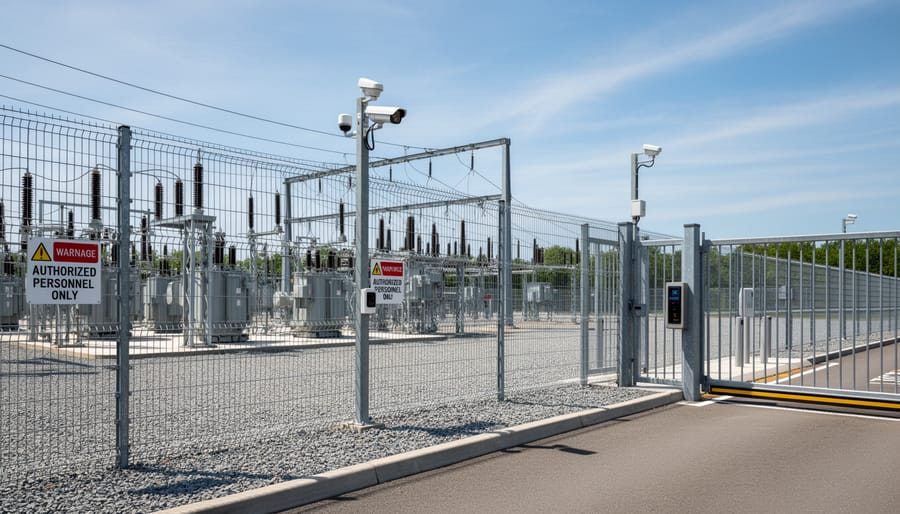Exterior view of a fenced electrical substation with grounded equipment under dusk lighting.
