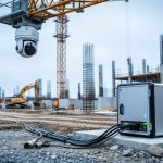 Rugged edge computing gateway hardware and a crane-mounted camera on an active construction site, with nearby sensors and connected equipment processing data on-site.