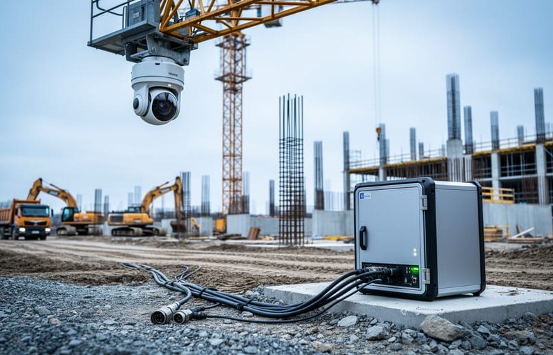 Rugged edge computing gateway hardware and a crane-mounted camera on an active construction site, with nearby sensors and connected equipment processing data on-site.