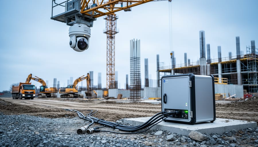 Rugged edge computing gateway hardware and a crane-mounted camera on an active construction site, with nearby sensors and connected equipment processing data on-site.