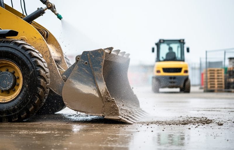 Industrial pressure washer spraying water to remove mud from an excavator bucket and nearby site equipment on a construction yard.