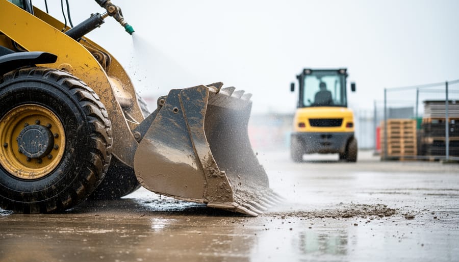 Industrial pressure washer spraying water to remove mud from an excavator bucket and nearby site equipment on a construction yard.