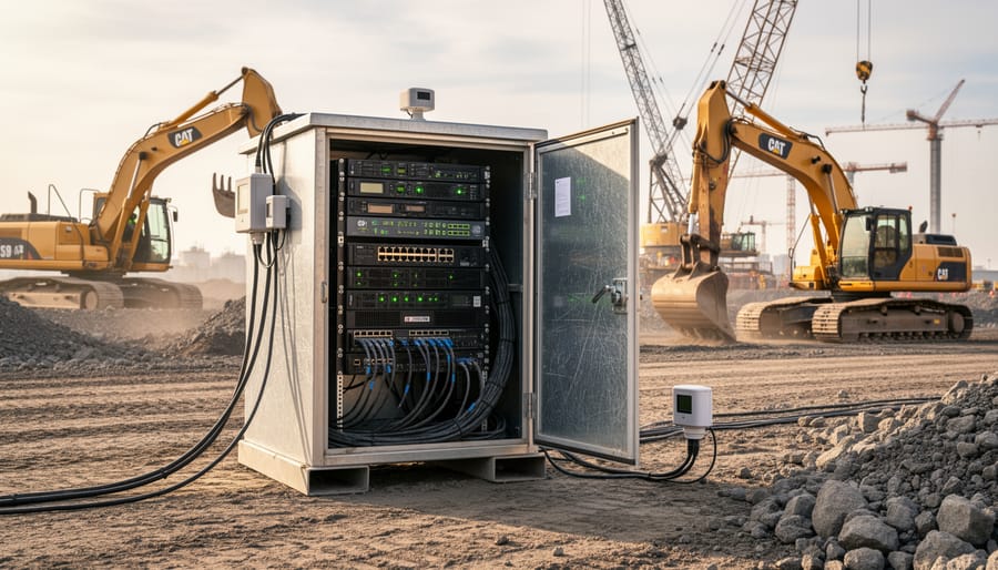 Technician beside a rugged edge server rack inside a weatherproof construction container.