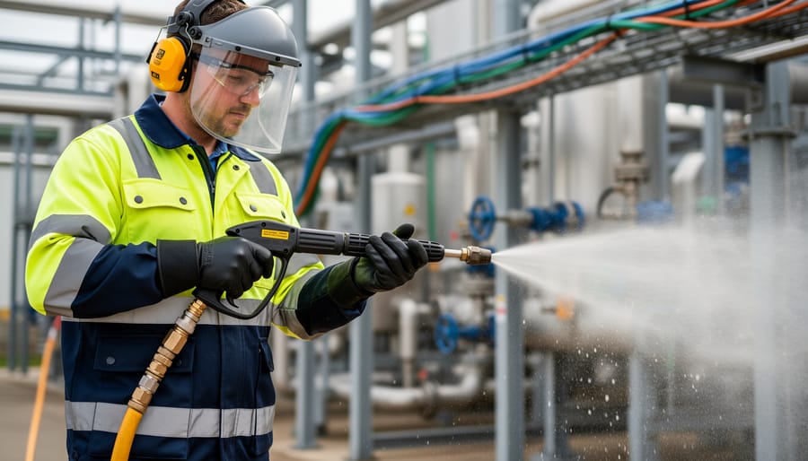 Gloved operator holding a high-pressure pressure washer lance near a water connection