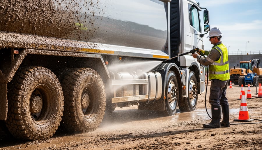 Pressure washer spraying a muddy wheel loader on a construction site