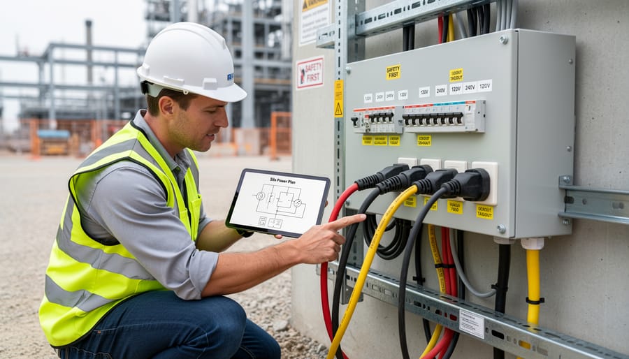 Technician inspecting a pressure washer power and hose setup in a construction fleet yard
