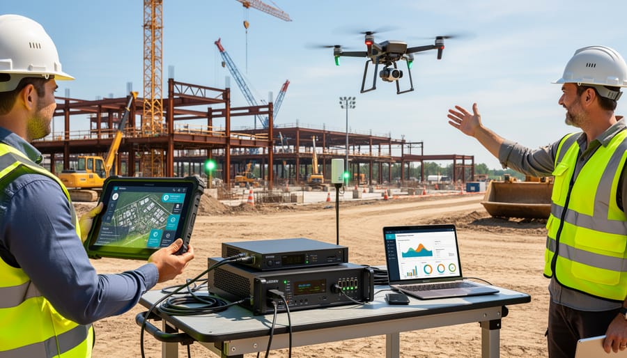 Worker holding a tablet near a drone charging station and on-site sensor boxes.