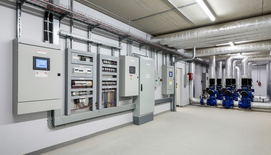 Switchgear and cable trays in a commercial building mechanical room with HVAC equipment in the background.