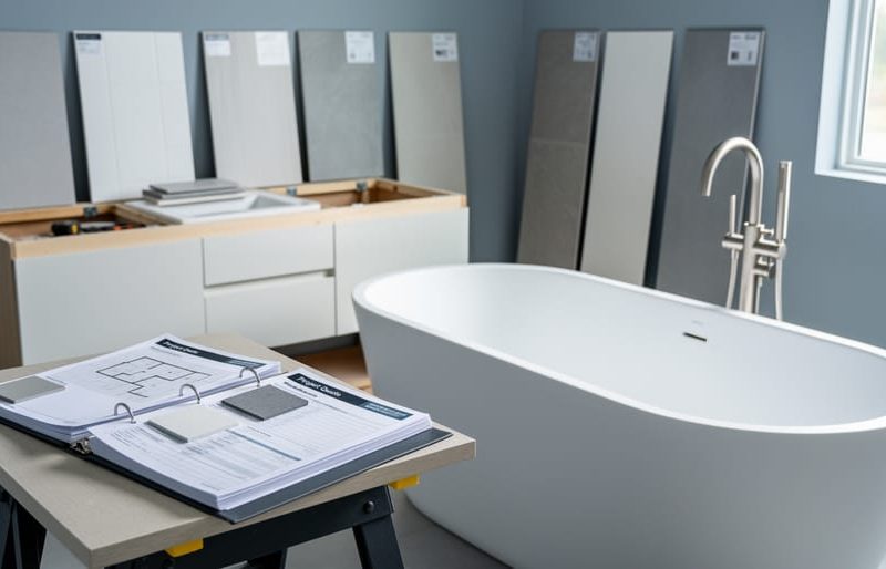 Modern bathroom fixtures and tile materials with contractor quote binders on a worktable, suggesting bathroom renovation scope and pricing comparison.