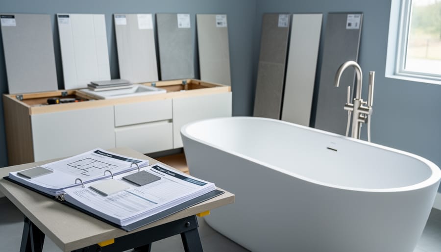 Modern bathroom fixtures and tile materials with contractor quote binders on a worktable, suggesting bathroom renovation scope and pricing comparison.
