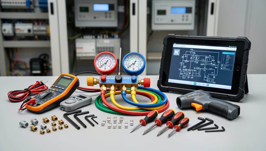 Close-up of a technician’s tools and multimeter on a workbench in a mechanical control area.
