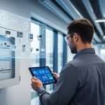 Facility engineer reviewing an energy management system connected to building electrical and HVAC controls inside a modern commercial building.