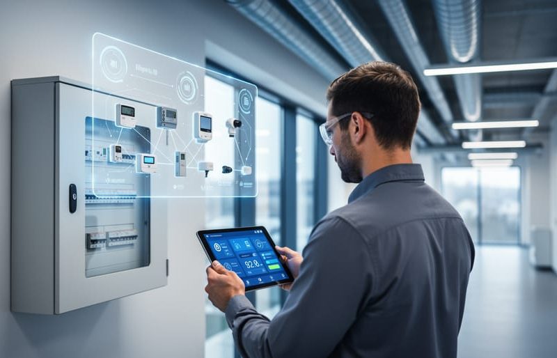Facility engineer reviewing an energy management system connected to building electrical and HVAC controls inside a modern commercial building.