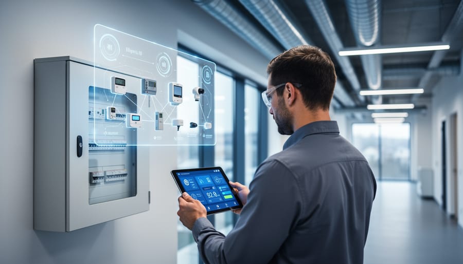 Facility engineer reviewing an energy management system connected to building electrical and HVAC controls inside a modern commercial building.
