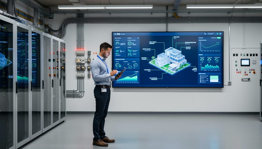 A facility engineer in a safety vest stands near electrical panels and a data gateway in a building energy control room.