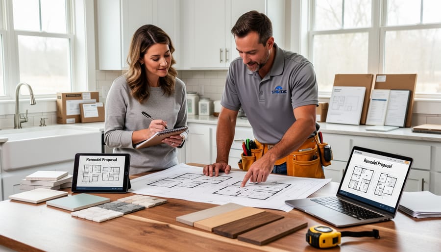 Homeowner and contractor reviewing a bathroom remodel quote documents at a table with a tape measure.