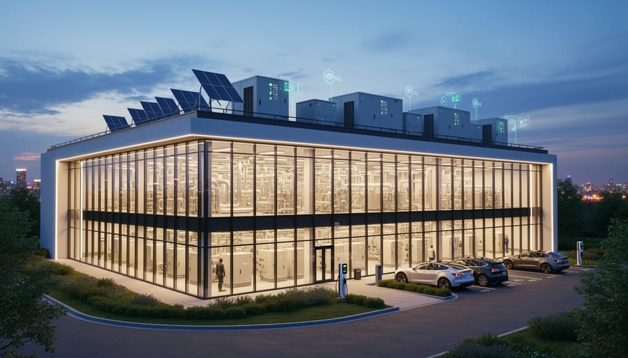 Modern office building at dusk with rooftop mechanical equipment and warm interior window lights in the background.
