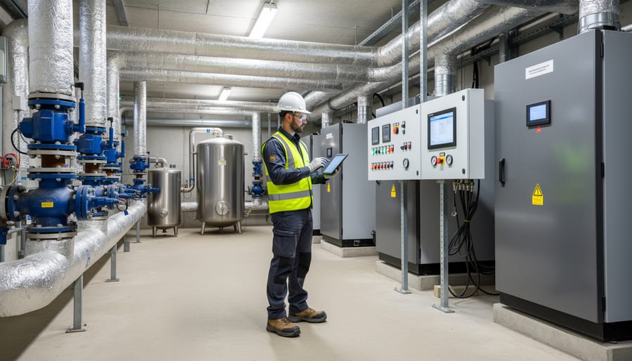 Mechanical electrical plant operator in a commercial boiler room monitoring equipment while wearing a hard hat and high-visibility vest.