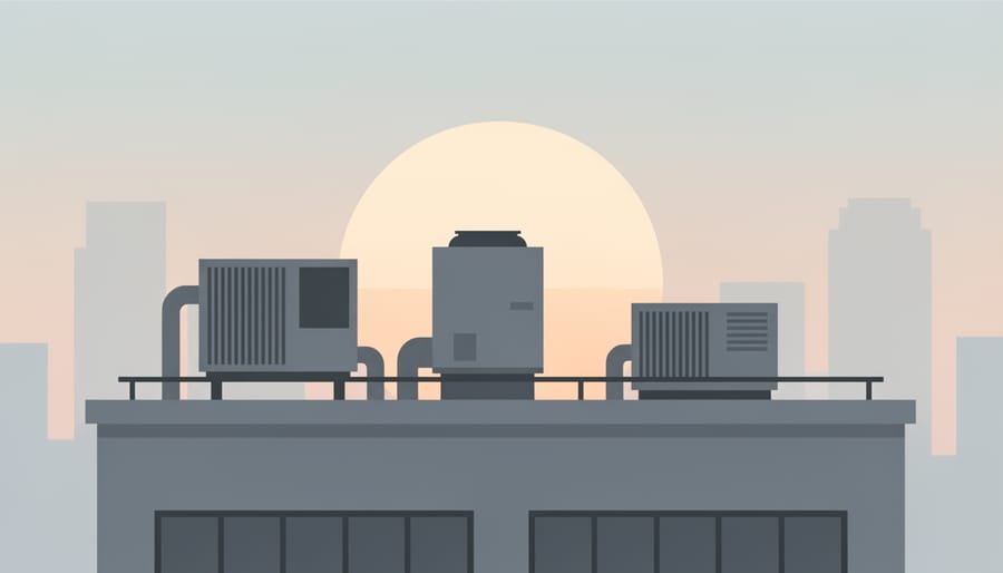 Rooftop HVAC units on a commercial building at sunrise with city skyline in soft background blur.
