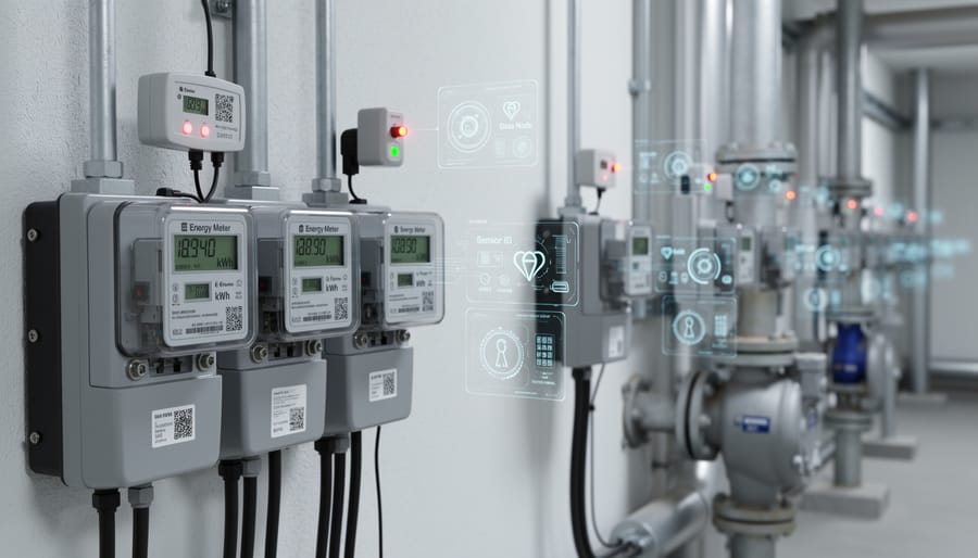 Close-up view of smart meters and IoT sensor modules mounted in a building electrical room.