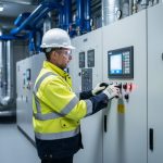 A hard-hat plant operator in a modern commercial plant room reviewing equipment near HVAC control panels and electrical distribution gear.