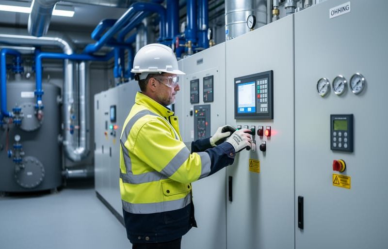 A hard-hat plant operator in a modern commercial plant room reviewing equipment near HVAC control panels and electrical distribution gear.
