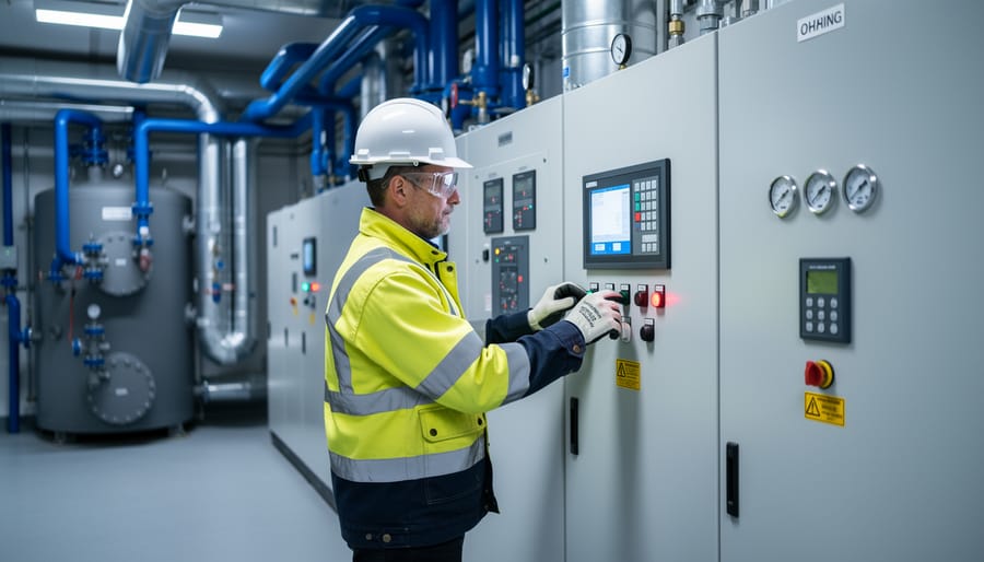 A hard-hat plant operator in a modern commercial plant room reviewing equipment near HVAC control panels and electrical distribution gear.